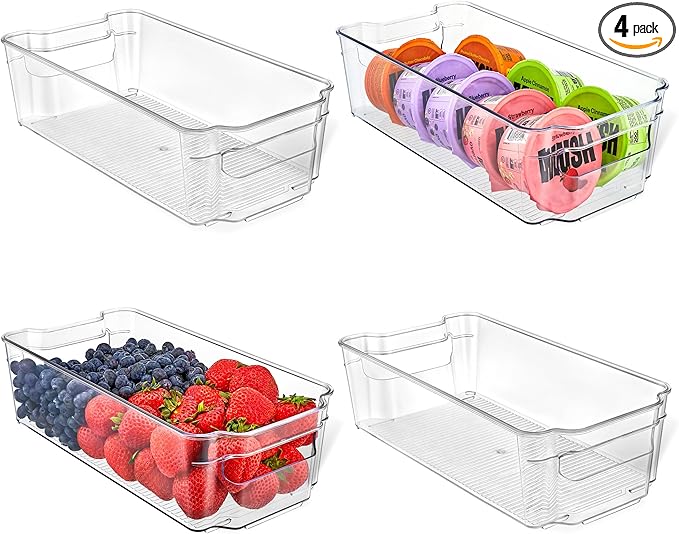 Lifemaster Multi-Purpose Refrigerator Bins - 4 Pieces Usable And Stackable Design Fridge Bin Organizer With Easy Grip Handles - Clear