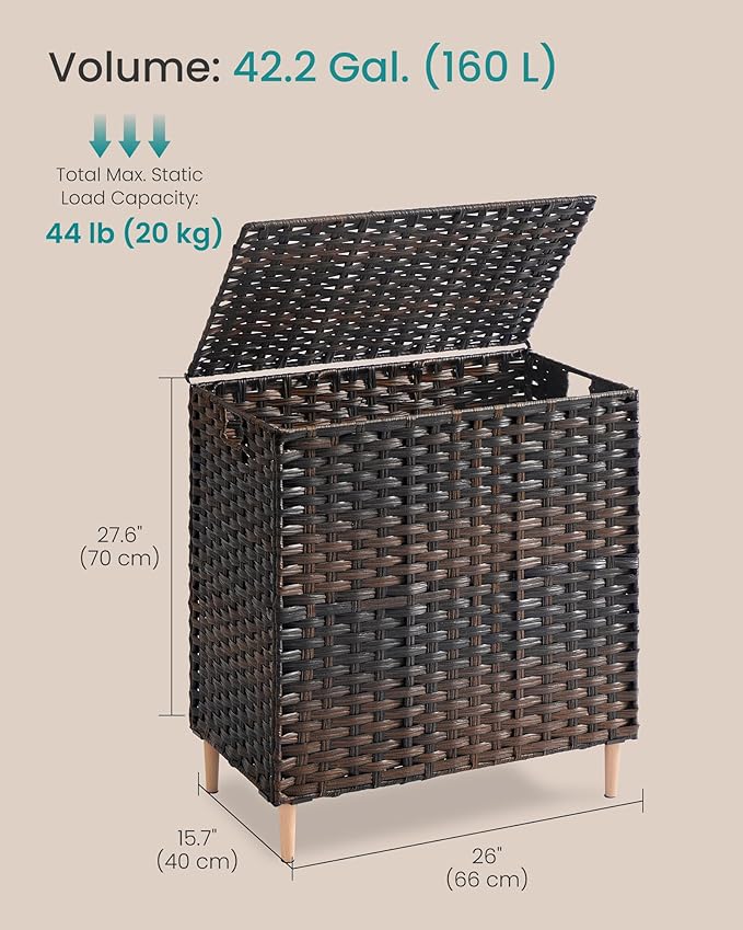 SONGMICS Laundry Hamper with Lid, PE Rattan Laundry Basket with Removable Liner, Storage Basket for Bedroom Living Room, 3-Section Sorter, 42.2 Gallons (160 L), Chestnut Brown ULCB223ME01