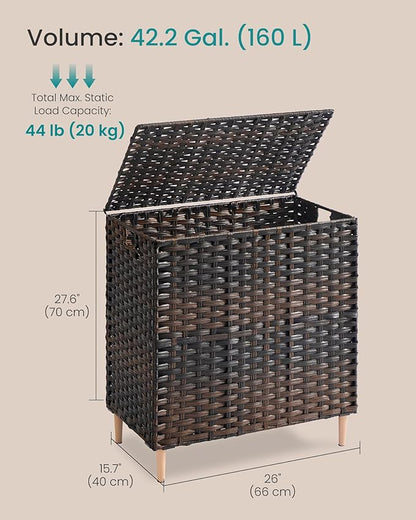 SONGMICS Laundry Hamper with Lid, PE Rattan Laundry Basket with Removable Liner, Storage Basket for Bedroom Living Room, 3-Section Sorter, 42.2 Gallons (160 L), Chestnut Brown ULCB223ME01