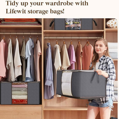 Lifewit Large Capacity Clothes Storage Bag Organizer with Reinforced Handle Thick Fabric for Comforters, Blankets, Bedding, Foldable with Sturdy Zipper, Clear Window, 30 Pack, 90L, Grey