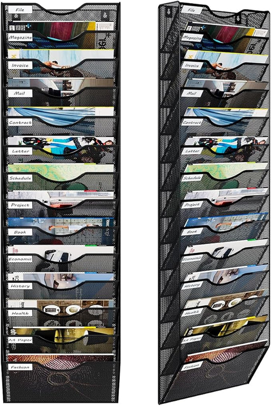 14 Pockets Hanging Wall File Organizer, Office Organization Wall Mount Mail Sorter Paper Holder Bill Organizer for Home, Black