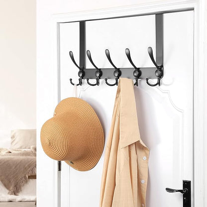 Dseap Over The Door Hook Hanger - Fits 1 3/8" to 1 3/4" Standard Doors | 5 Tri Hooks Heavy Duty Towel/Coat Rack | Door Organizer for Clothes, Jackets, Hats, Towels, Black, Pack of 2