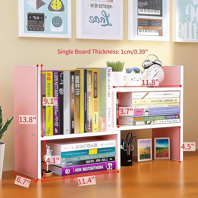 Desktop Shelf Organizer, Adjustable Wood Office Storage Rack, Counter Display Small Bookshelf for Home/Office/School(Pink)