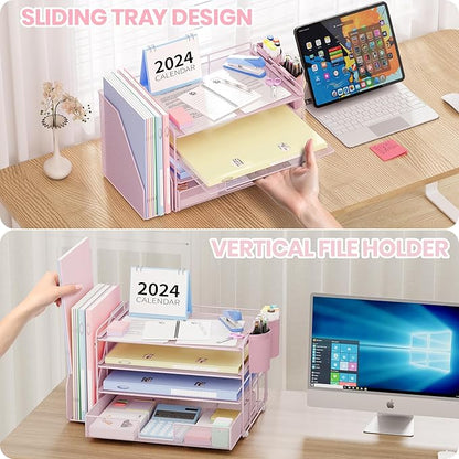 OPNICE Desk Organizer, 4-Tier Desktop File Organizer with Drawer and 2 Pen Holders, Office Desk Accessories, File Sorters, Workspace Organizers for Office Supplies(Pink)