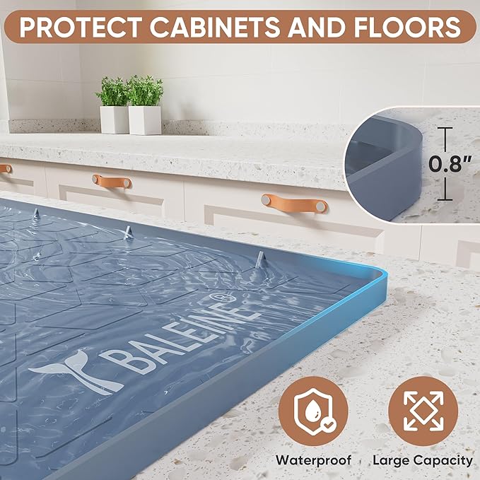 BALEINE 31''×22'' Under Sink Mat, Waterproof Food Grade Silicone Undersink Mat, Cabinet Shelf Drip Tray, Under Sink Liner for Kitchen, Bathroom (Blue)