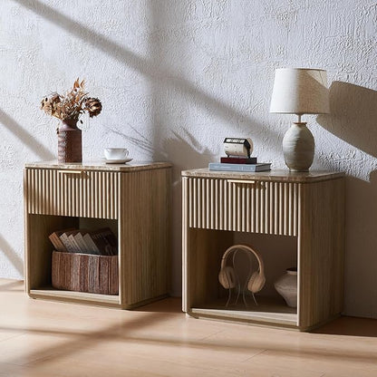 Fluted Nightstand Set of 2, Bedside Table with Faux Marble-Top, Engineered Wood Side Table with Drawer Open Shelf, Curved Corners, Modern Night Stand for Bedroom, Small Spaces, Natural Oak