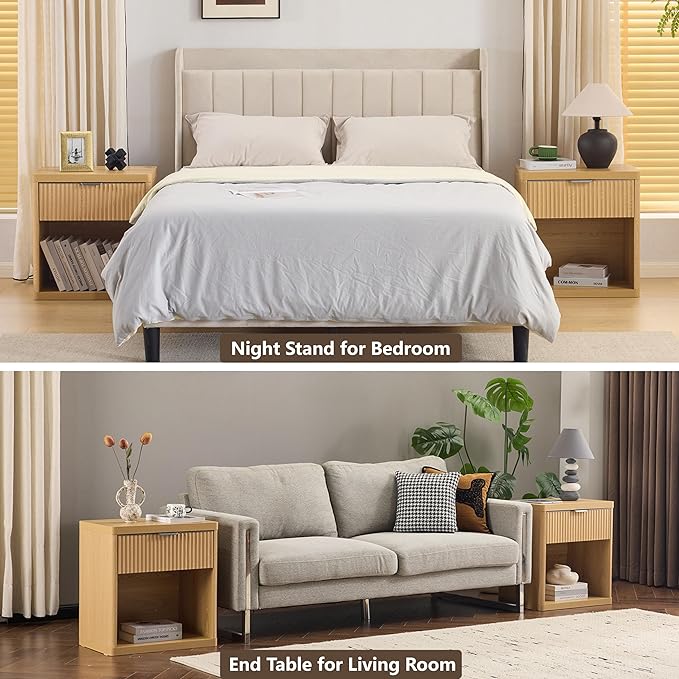 Lab Cosi Nightstands Set of 2, Night Stands with Drawer Storage, Fluted Bedside Table,Modern Night Stands with Handle,Larger Modern Bedside End Table for Bedroom Living Room Sofa Office