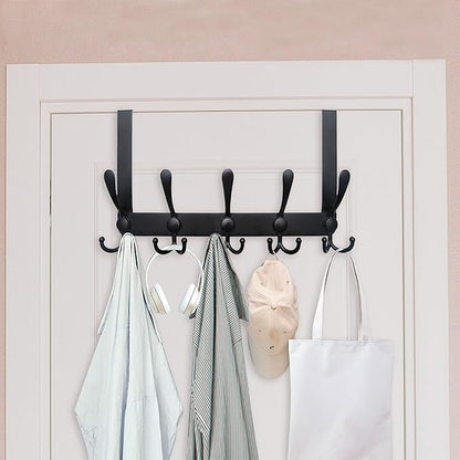 WEBI Over The Door Hook Door Hanger Hook Rack with 5 Tri Hooks for Hanging Coats, Door Towel Rack Door Coat Hanger Over Door Coat Rack for Behind Back of Bathroom,Black,2 Packs