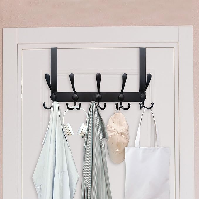 WEBI Over The Door Hook,Door Hanger Hook Rack with 5 Tri Hooks for Hanging Coats,Over Door Towel Rack Door Coat Towel Hanger Door Coat Rack for Bathroom,Behind Back of Door,Black