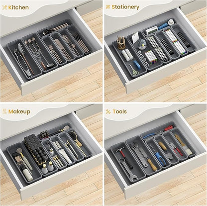 7 Pack Silicone Silverware Drawer Organizer, DIY Free Combination Kitchen Drawer Organizer, Utensil Organizer, Moisture-proof and Heat-resistant up to 200°C, Anti-slip and Environmentally (Grey)