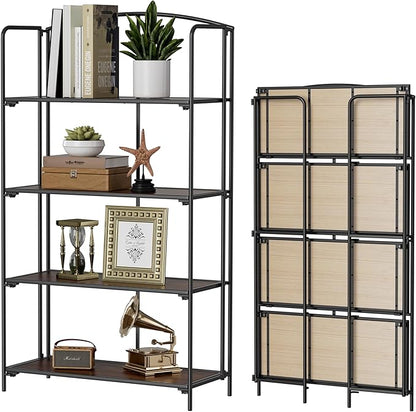 Crofy No Assembly Folding Bookshelf for Living Room, 4 Tier Black Collapsible Book Shelf for Home Office, Portable Bookcase Storage Organizer