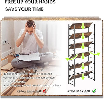 4NM No Assembly 6 Tiers Collapsible Book Shelves, 61.8" H Folding Bookshelf Bookcase Open Industrial Foldable Shelves for Bedroom, Living Room, Home Office - Rustic Brown Black