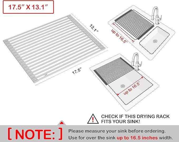 Surpahs 17.5 x 13.1 Inch Roll-Up Dish Drying Rack, Fits Sinks up to 16.5 Inch Wide, Heavy-Duty Premium Silicone, Strong Support, Non-Slip, Heat-Resistant, Warm Gray