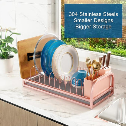 YEYPOP Pink Dish Rack - Small Dish Drying Rack for Limitied Kitchen Counter, Narrow Stainless Steel Dish Drainer w Tray, Cutlery Holder, Cute Kitchen Appliances Organizer for A Lovely You