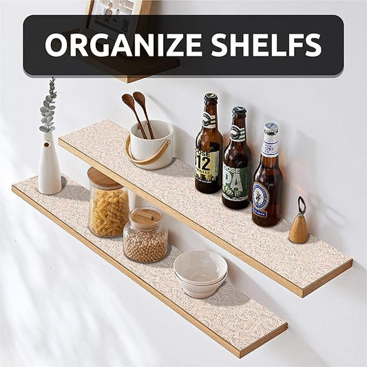 FIFTY FEET 12X360 Inch Shelf Liner with Scissor & Tape Measure for Kitchen Cabinets, PVC Drawer Liner for Dresser Non-Slip Bathroom, Non-Adhesive Cabinet Liner Washable (Chocolate Cream Color)