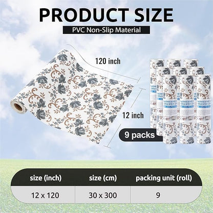 FIFTY FEET 12X120 Inch Shelf Liner for Kitchen Cabinets, PVC Drawer Liner for Dresser Non-Slip Bathroom, Non-Adhesive Cabinet Liner Washable (Black Floral)(9 Roll)