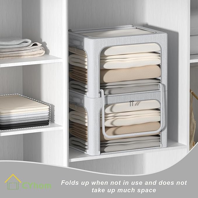 CYhom 3Pack Classic Stackable Foldable Storage Bin - Metal Frame Storage Box with Clear Window, Carry Handles (66L-19.7x15.7x13in, Light Grey)