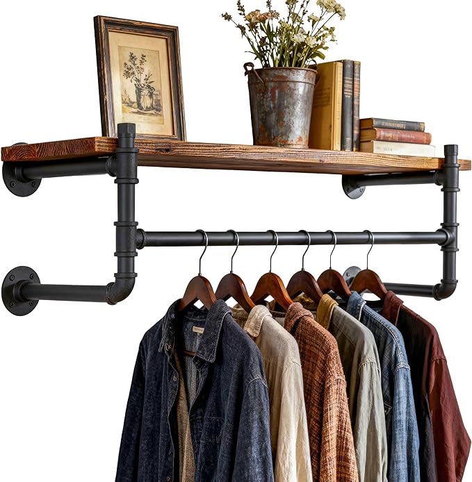 WEBI Wall Mounted Clothes Rack with Shelf,30" Industrial Pipe Clothing Rack with Shelf with Hanging Rod,Heavy Duty Iron Garment Rack Bar,Retail Display Clothes Rod for Laundry Room,Closet,Black