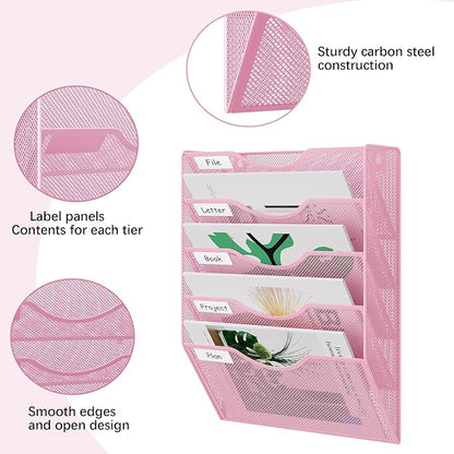 EasyPAG 5 Pocket Mesh Wall File Organizer, Hanging Paper Folder Holder with Classify Label, Vertical Wall Mount Mail Organizer for Office Home Classroom, Pink
