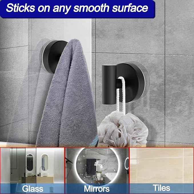 Bntuk Suction Cup Hooks, Shower Hooks for Inside Shower – Removable Towel Hooks for Bathroom Window Glass Mirror Tile, Bath Robe Looafh Hook for Hanging – Waterproof & Rustproof, Black (4 Pack)