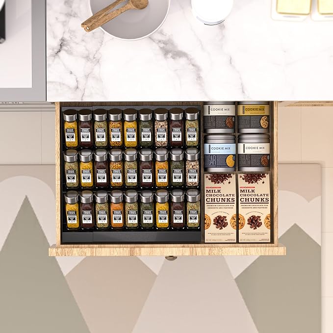 Wobmmi Expandable Metal Spice Drawer Organizer,3-Tier Slanted Seasoning Jars Tray for Kitchen Cabinet Drawers Insert/Countertop (Jars not included)-3Tier,1pack/Black