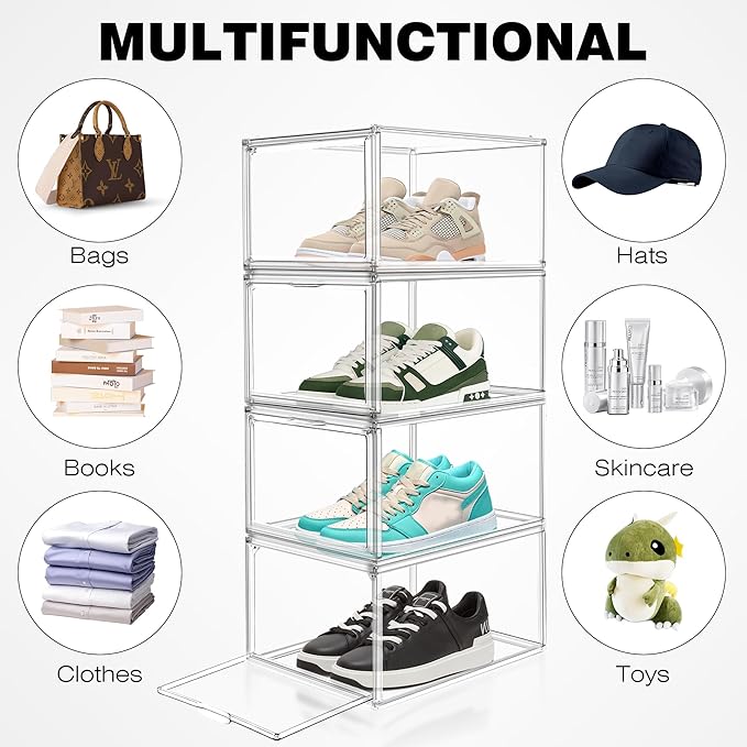 EDS FAM 1 Pack Drop Front Acrylic Shoe Boxes with Magnetic Door Size 12, Clear Stackable Shoe Organizers Sneaker Display Cases for Closet, Entryway, Underbed, Multiple Display Cases for Caps, Figures