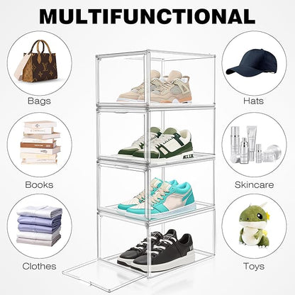 EDS FAM 1 Pack Drop Front Acrylic Shoe Boxes with Magnetic Door Size 12, Clear Stackable Shoe Organizers Sneaker Display Cases for Closet, Entryway, Underbed, Multiple Display Cases for Caps, Figures