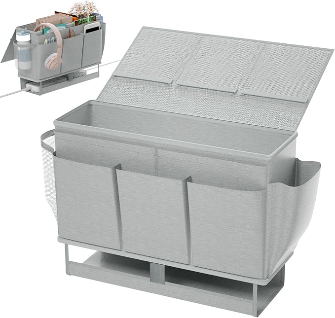 Frjjthchy Bedside Caddy, Bed Organizer with 11 Pockets and Power Strip Holder,Versatile Bedside Storage Caddy for Home,Dorm,Bunk,Hospital,Crib Bed (Grey)