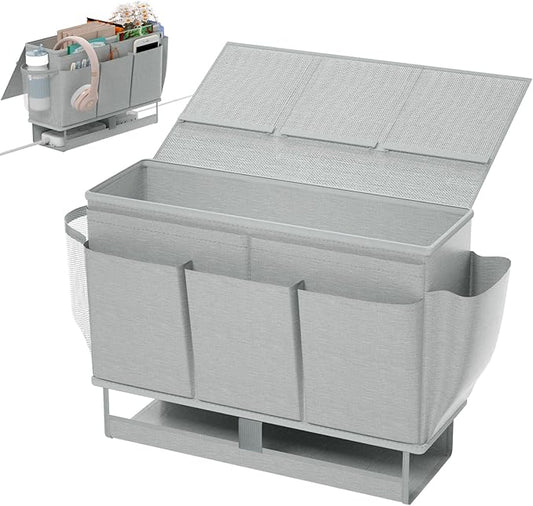 Frjjthchy Bedside Caddy, Bed Organizer with 11 Pockets and Power Strip Holder,Versatile Bedside Storage Caddy for Home,Dorm,Bunk,Hospital,Crib Bed (Grey)