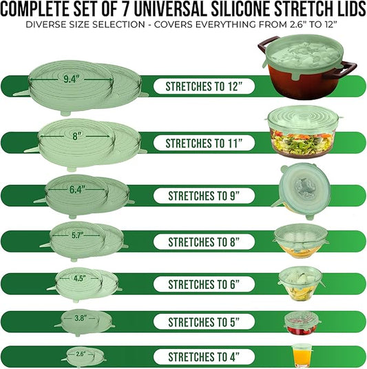 Reusable Silicone Stretch Lids for Food Storage in Fridge - Elastic Heat-Resistant Bowl Covers, Cups, Cans, Jars - Universal Food Grade Lid for Containers - 7 Pack - Mint Frost Stretchy Lid Set