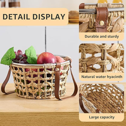 Farmhouse Wicker Egg Basket for Collecting Fresh Eggs, Round Storage Basket with Handle, Brown, Sea Grass
