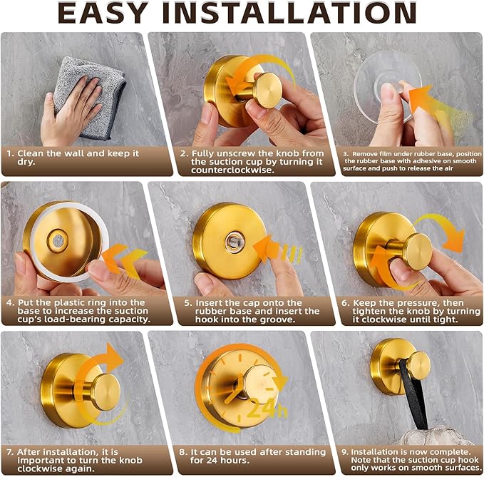 Supopular Reusable Heavy Duty Suction Cup Hooks for Kitchen/Bathroom/Shower - Wet-Proof Hooks for Towels, Robes, Loofah&Wreaths/No Drill Mounting on Glass, Tile, Metal (4, Brushed Gold)