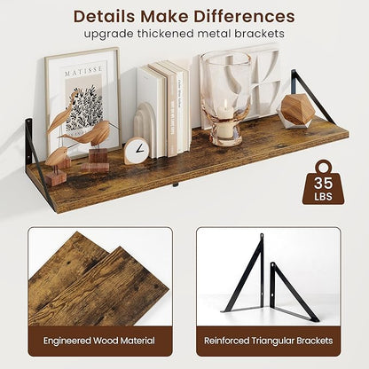 Axeman Deep Floating Shelves | 36 Inch Brown Wall Shelves Set of 2 | 10 Inch Deep Wood Floating Shelves for Wall | 36" W x 10" D Rustic Brown Shelves for Living Room Bathroom Kitchen