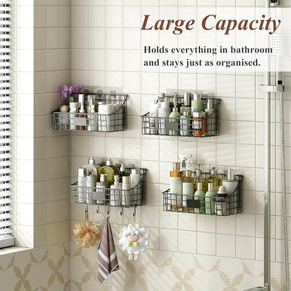 Hanging Wall Wire Basket-4Pack,Large Metal Organizer Baskets & Bathroom Shower Shelf with 4 Adhesive Hooks+5 S Hook, Wall Mounted Baskets & Shelves for Bathroom, Kitchen Storage