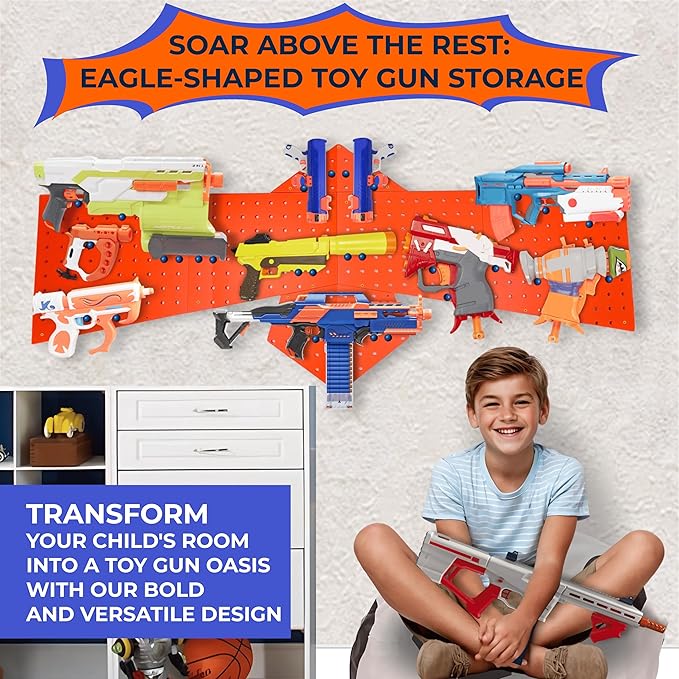 Skywin Wooden Pegboard for Nerf Gun Storage, Nerf Gun Wall Mount Eagle Shape, Compatible with All Blasters, Rack for Wall Organization - Birthday Gift for Kids (Orange)