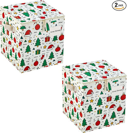 VENO 2 Pack Christmas Ornament Storage Box, Stores up to 64 Holiday Ornaments, Adjustable Dividers, Zippered Top, Storage bins with lids for holiday decorations-3 Inch Cube Compartments (Jingle Mix)