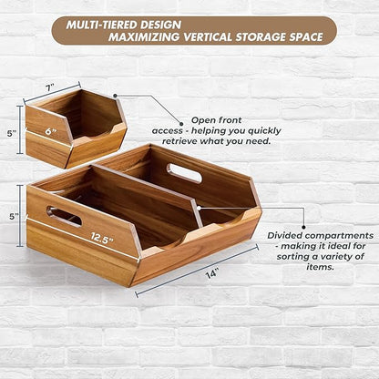 Acacia Wood Pantry Storage Bins - Stackable Open Front Kitchen Baskets with Airflow Vent for Potato, Onion, Fruit, Vegetable, and Bread Storage, Wood Organizer for Pantry and Countertop