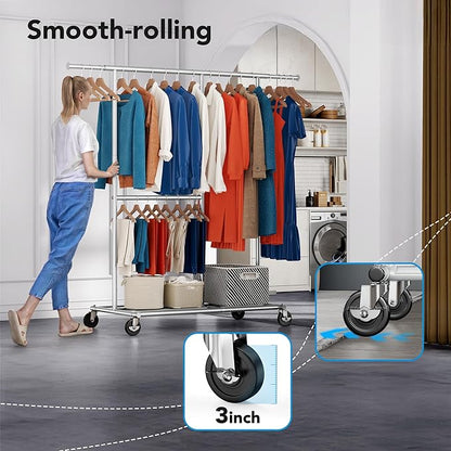 HOKEEPER Clothes Rack, Clothing Rack for Hanging Clothes Heavy Duty Garment Rack with Wheels Commercial Portable Freestanding Closet Rack with Shelves for Bedroom, Living Room, Laundry, Balcony, White