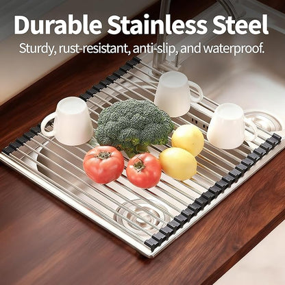 TYZUIAW Roll Up Dish Drying Rack for Over Sink - 17.5"x15.7" Foldable Stainless Steel Kitchen Drainer, Black