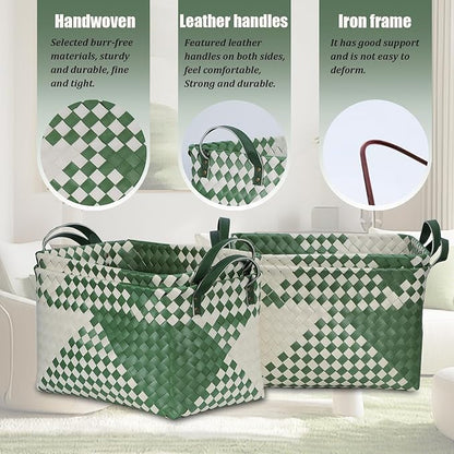 BROWNLILY Handwoven Clothes Basket Laundry Hampers Large Wicker Storage Baskets for Shelves Blankets Closet Storage Bins Car Bedroom Bathroom Organizers and Storage Bath (Pack of 4, Green&White)