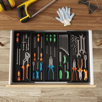 Lifewit Utensil Organizer for Kitchen Drawers, Expandable Cooking Utensil Tray, Adjustable Cutlery Silverware Flatware Holder, Plastic Spatula Tools and Gadgets Storage Divider, Black, 16"-28" x 18.5"