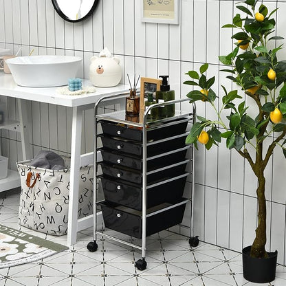 Happygrill 6-Drawer Organizer Cart Tools, Mobile Utility Storage Cart with Removable Drawers & Lockable Wheels, Rolling Storage Cart with Wheels for Home Office,Black