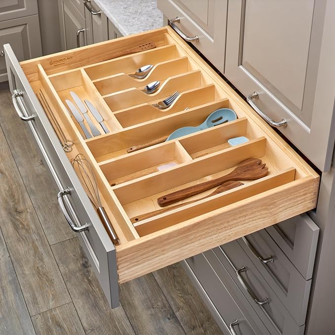 Rev-A-Shelf Trim-to-Fit Silverware Drawer Organizer For Kitchen Utensils, Cutlery Cabinet Storage Divider Insert, 33" x 22", Maple Wood, 4WUTCT-36SH-1