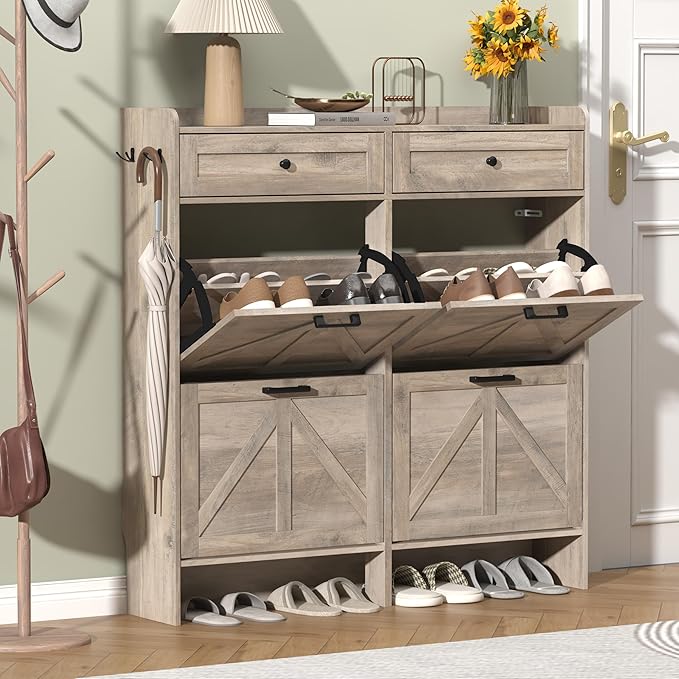 Shoe Cabinet with 4 Flip Drawers & 2 Storage Drawers, Rustic Farmhouse Narrow Shoe Organizer Cabinet, Slim Shoe Rack Cabinet, Shoe Storage Cabinet for Entryway, Hallway, Front Door