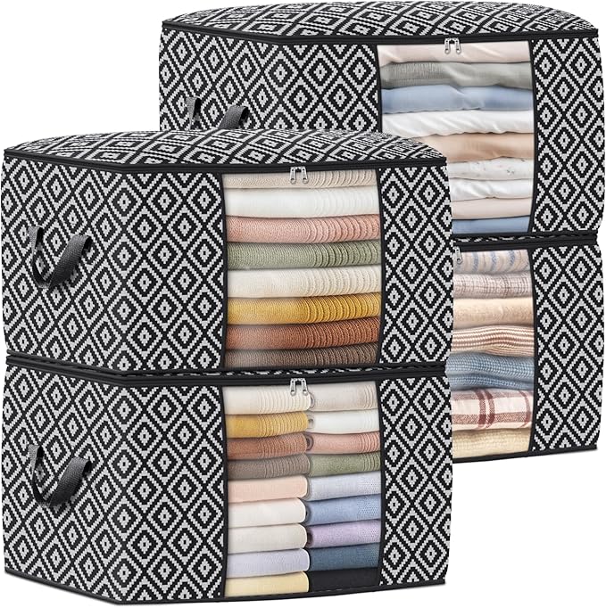 StorageTastic Direct 100L, 4 Pack, Storage Containers, Large Clothes Storage Bins Foldable Organization and Storage Bags with Reinforced Handle, Clear Window for Bedding, Blankets, Clothing, Black
