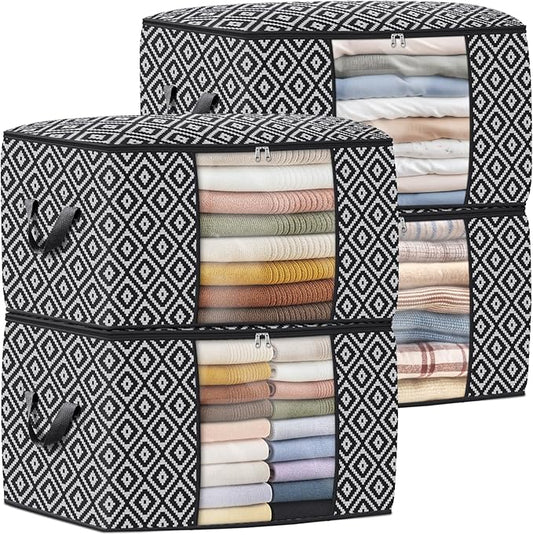 StorageTastic Direct 100L, 4 Pack, Storage Containers, Large Clothes Storage Bins Foldable Organization and Storage Bags with Reinforced Handle, Clear Window for Bedding, Blankets, Clothing, Black