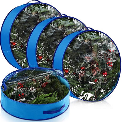 4 Pack Wreath Storage Container, 24 Inch Christmas Wreath Storage Box with Clear Window and Handles Upgrade Oxford Cloth Garland Bags with Dual Zipper for Xmas Wrapping, Blue
