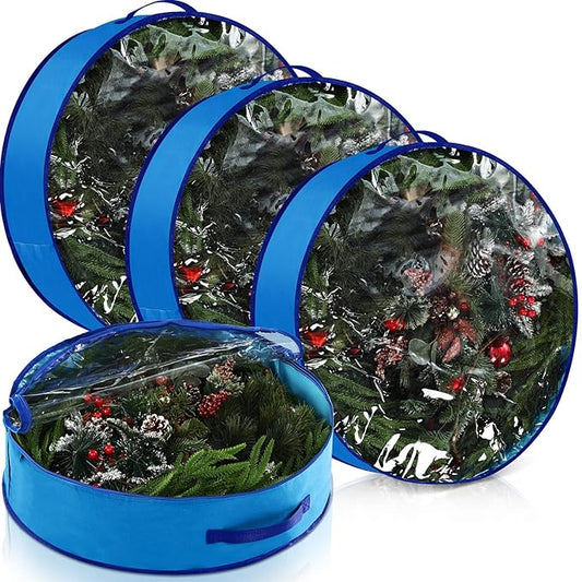 4 Pack Wreath Storage Container, 24 Inch Christmas Wreath Storage Box with Clear Window and Handles Upgrade Oxford Cloth Garland Bags with Dual Zipper for Xmas Wrapping, Blue