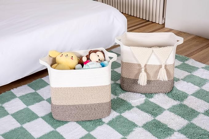 Storage Baskets for Clothes Fabric Cotton Rope Storage Basket with Handles, Decorative Woven Basket for Living Room,Closet Organizer Blankets, and 2bags (Gradient Brown, L17.8×W12.5×H17.9)