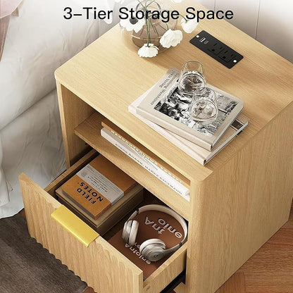 Pipishell Nightstands Set of 2 with Charging Station, Fluted Bedside Table with Storage & Drawers, Modern End Tables with USB & AC Outlets, Small Wood Night Stand for Bedroom, Light Oak